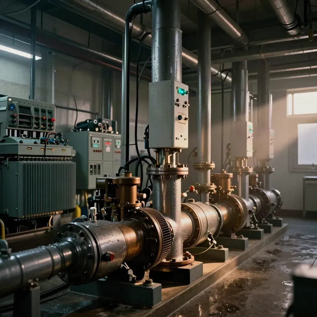 Industrial electrical room with pumps, conduits, and a glowing relay in cool haze.
