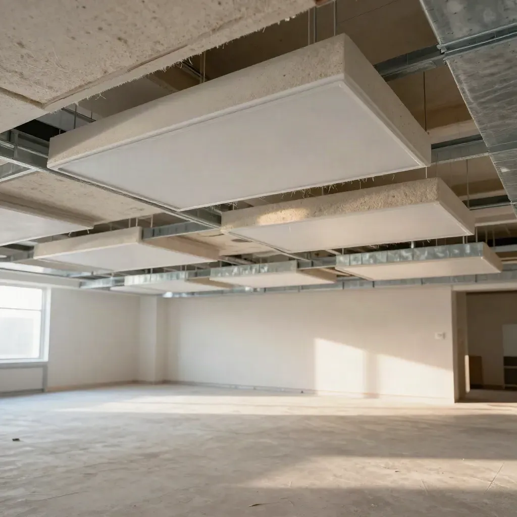 Retrofit ceiling bay with LED troffer samples, insulation batts and duct collars in a paused office renovation.
