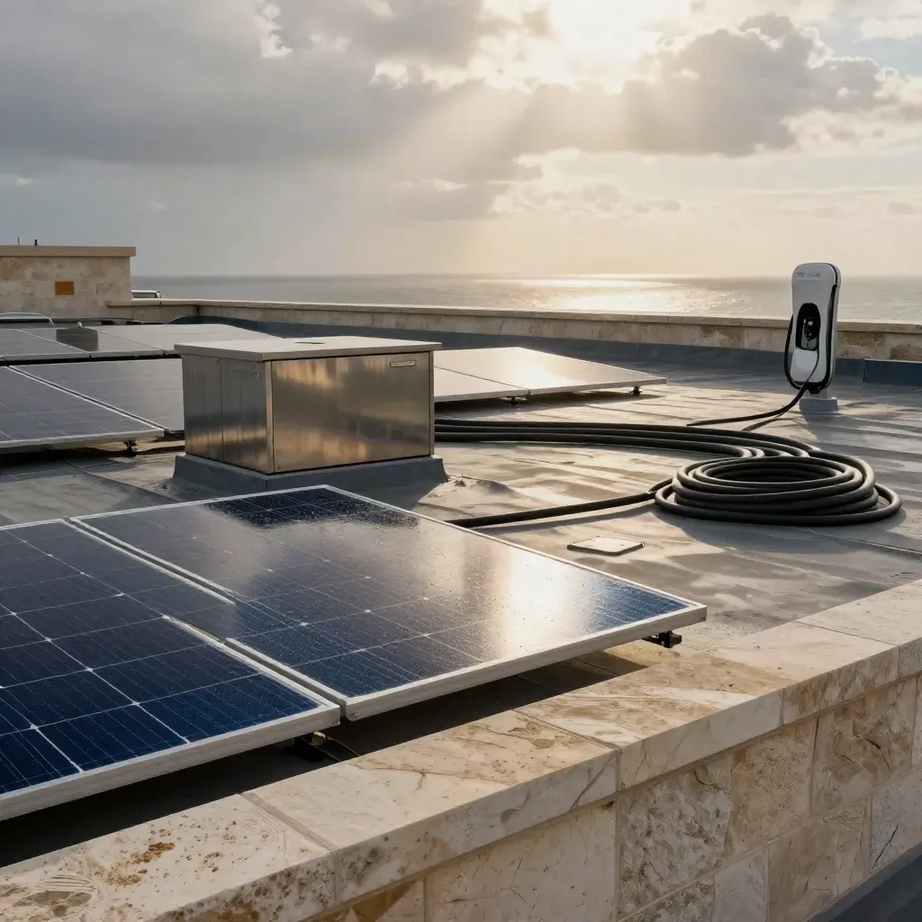 Wet rooftop clean-energy assembly with solar panel, battery cabinet and EV charger in moody light.
