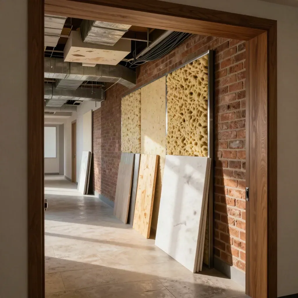 Heritage Ottawa retrofit corridor with exposed ducts, sample boards, brick wall, and soft dust.