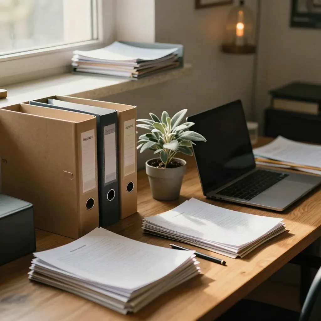 Quiet office archive with binders, laptop, paper stacks, and a potted plant in warm late-afternoon light.