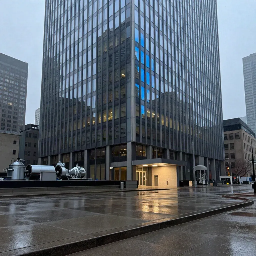 Rain-slick Toronto tower facade from below at blue hour, with rooftop mechanicals and a service entrance.