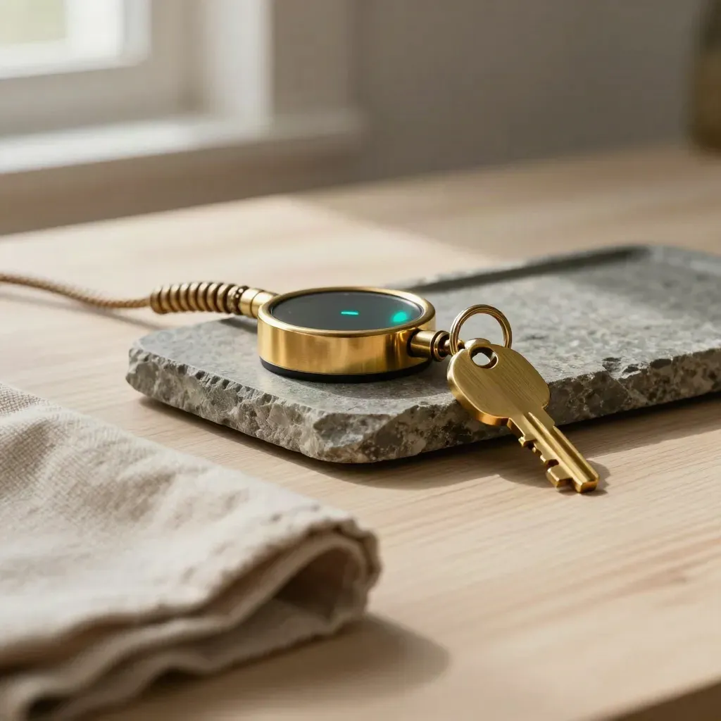 Smart submeter module with brass key fob, cloth, and stone tray on pale wood.