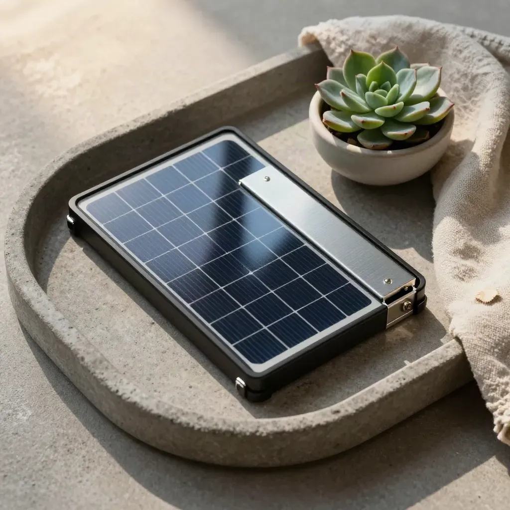 Overhead still life of solar panel, battery mockup, succulent, and bowl on stone tray.